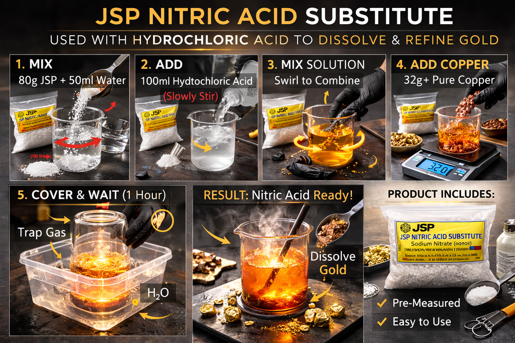 JSP & GTE Nitric Acid Substitute Sodium Nitrate for Gold Refining & Recovery - Reagent Grade (4 oz, 8 oz , & 16 oz bag)