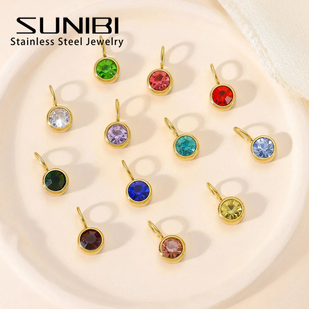 Zirconia Birthstone Pendant 12 Months Color Stone DIY Accessories for Necklace Stainless Steel Jewelry Birthday Gift Wholesale