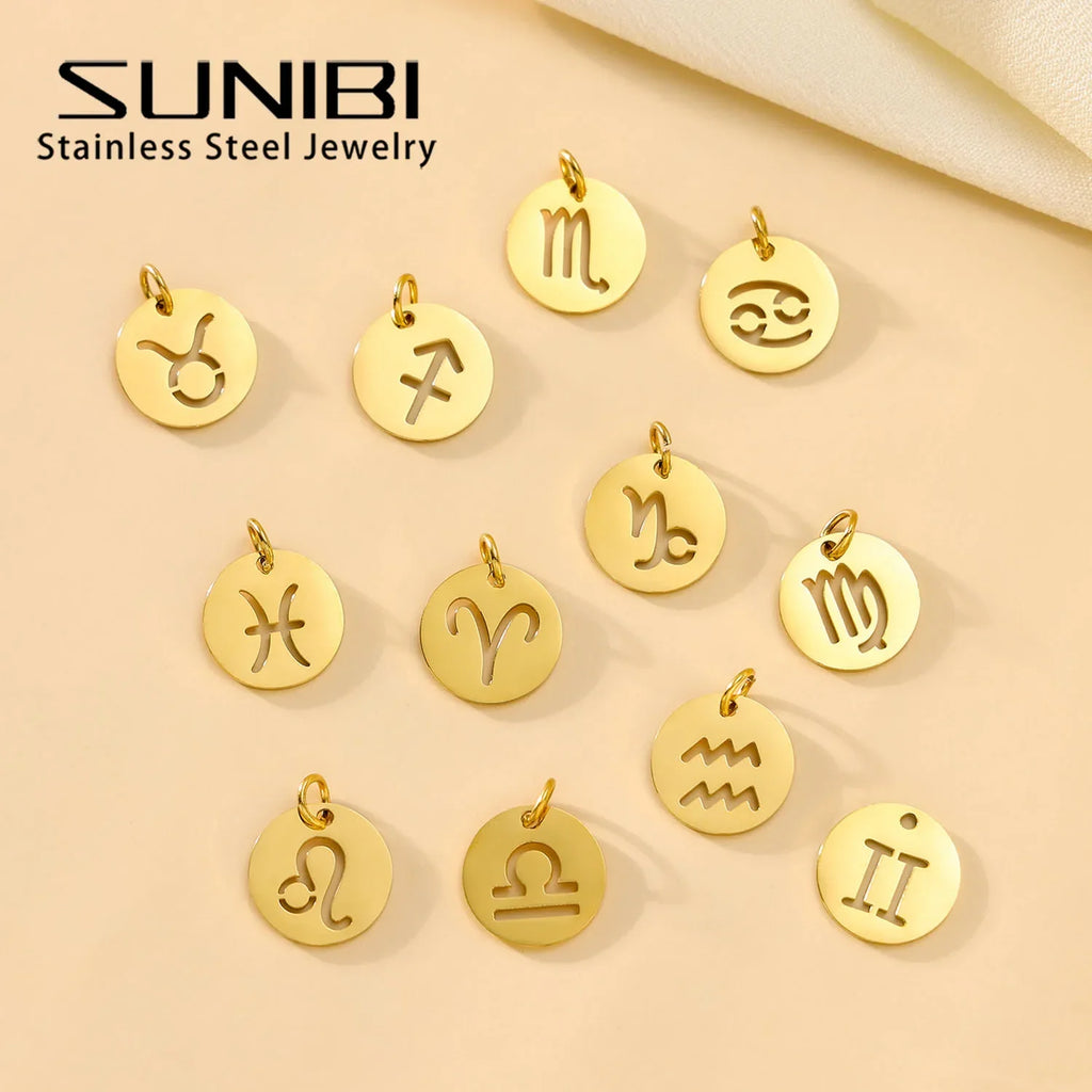 SUNIBI DIY Stainless Steel Disc Components 12 Zodiac Charms for Handmade Jewelry Making Designer Gold Plated Charms for Bracelet