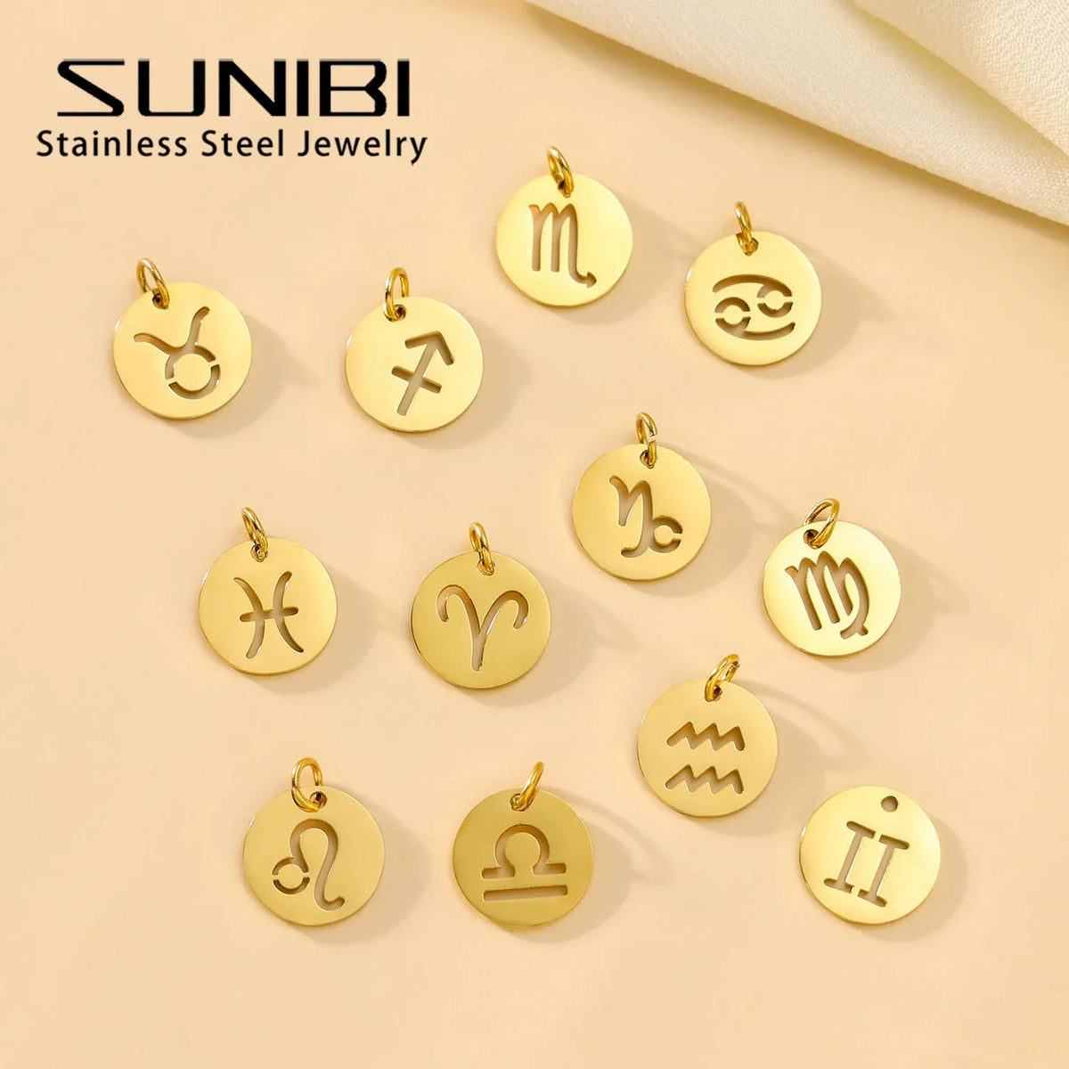 SUNIBI DIY Stainless Steel Disc Components 12 Zodiac Charms for Handmade Jewelry Making Designer Gold Plated Charms for Bracelet