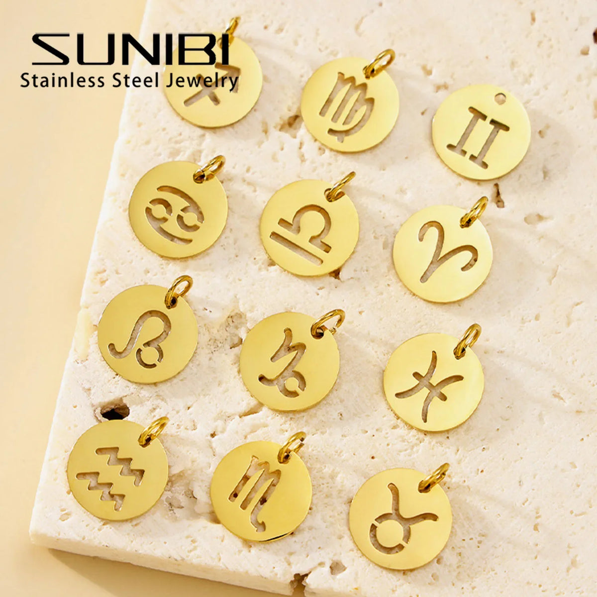 SUNIBI DIY Stainless Steel Disc Components 12 Zodiac Charms for Handmade Jewelry Making Designer Gold Plated Charms for Bracelet
