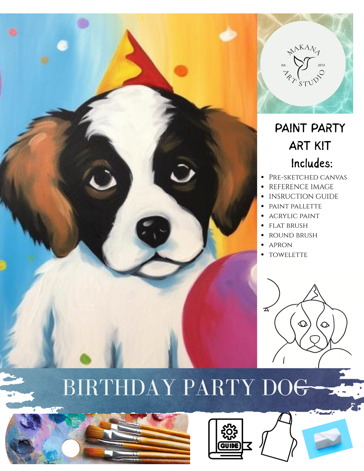 "Birthday Party Dog" Paint & Sip Art Kit from Makana Art Studio