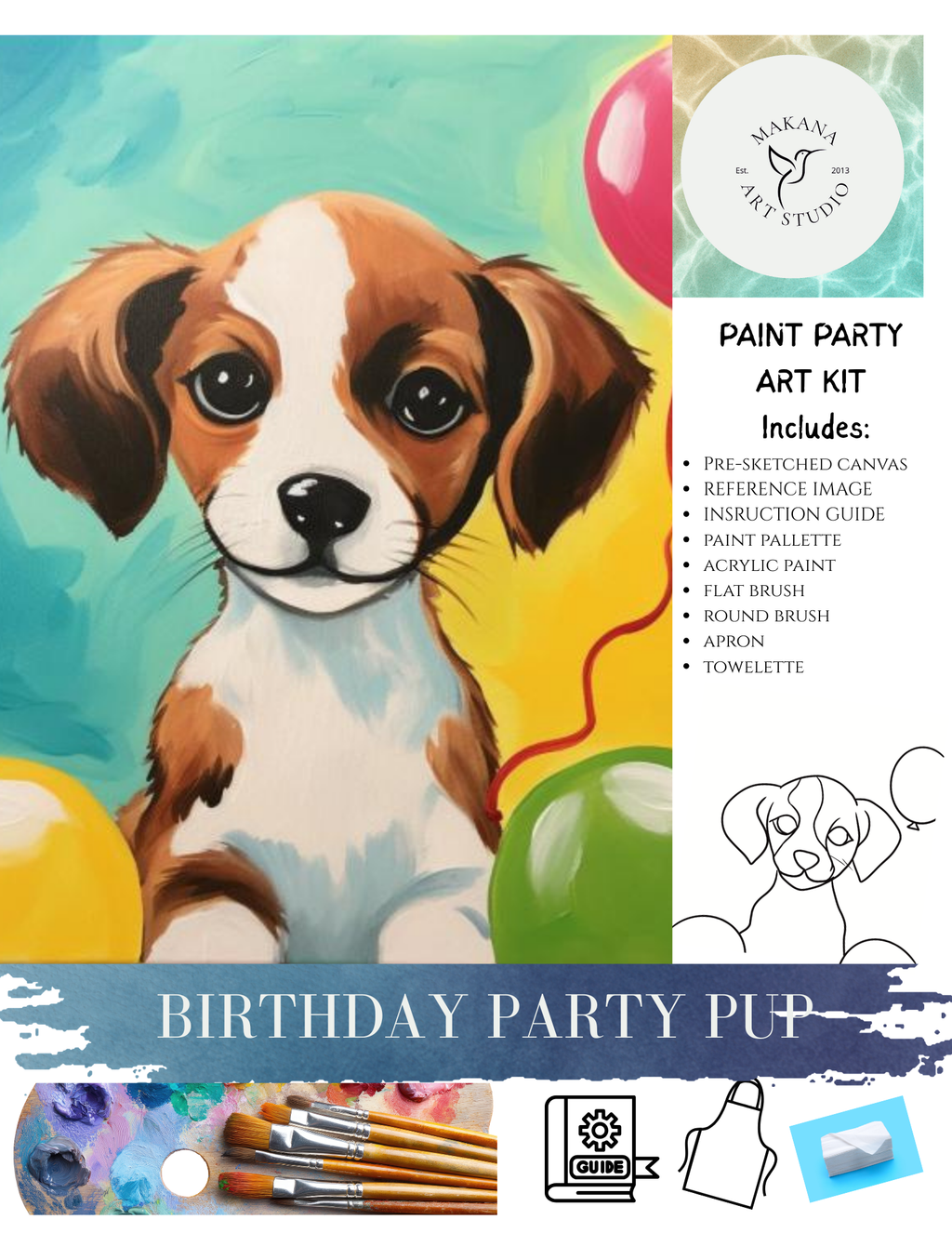 "Birthday Party Pup" Paint & Sip Art Kit from Makana Art Studio