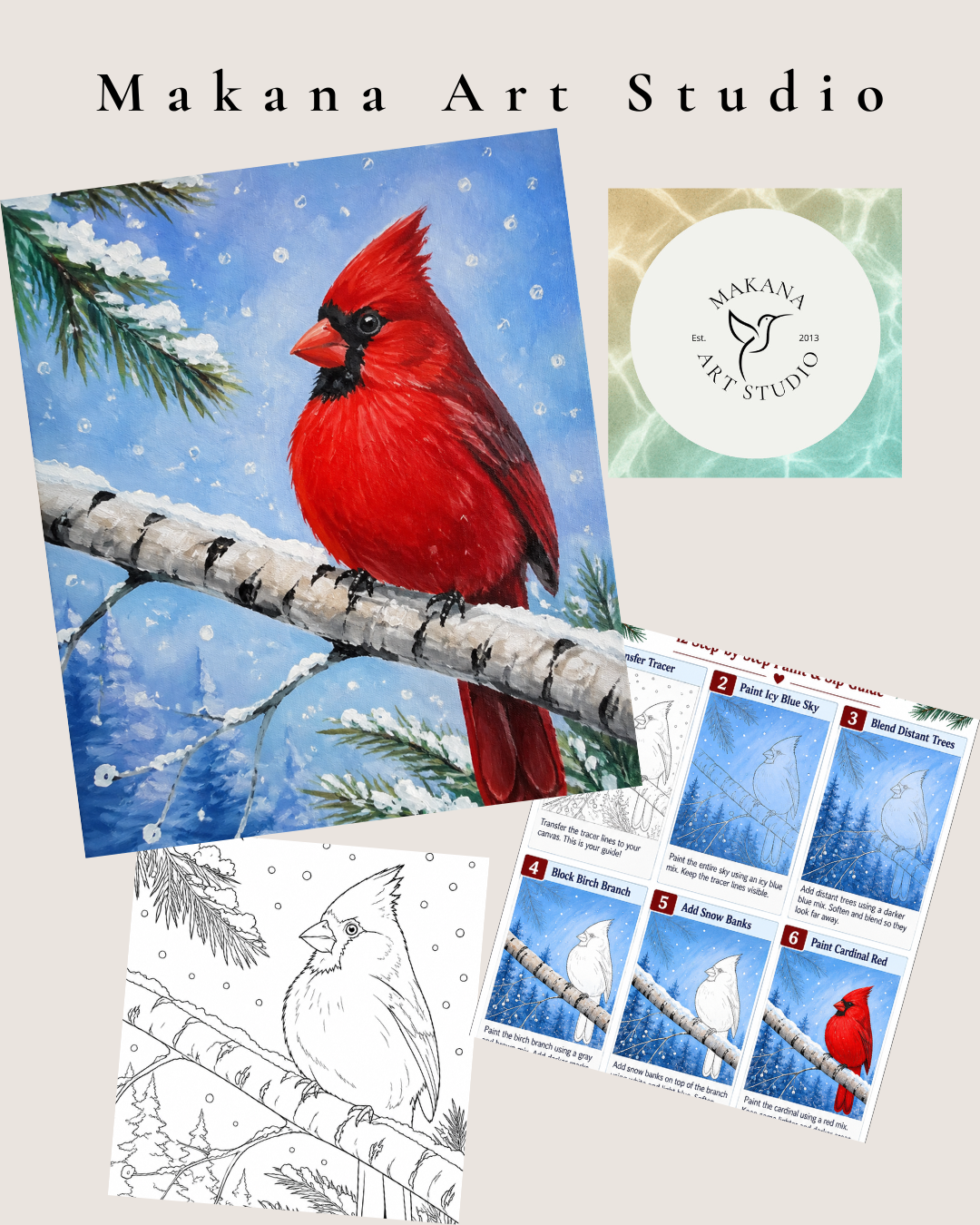 "Red Cardinal in Snow" Paint & Sip Art Kit from Makana Art Studio