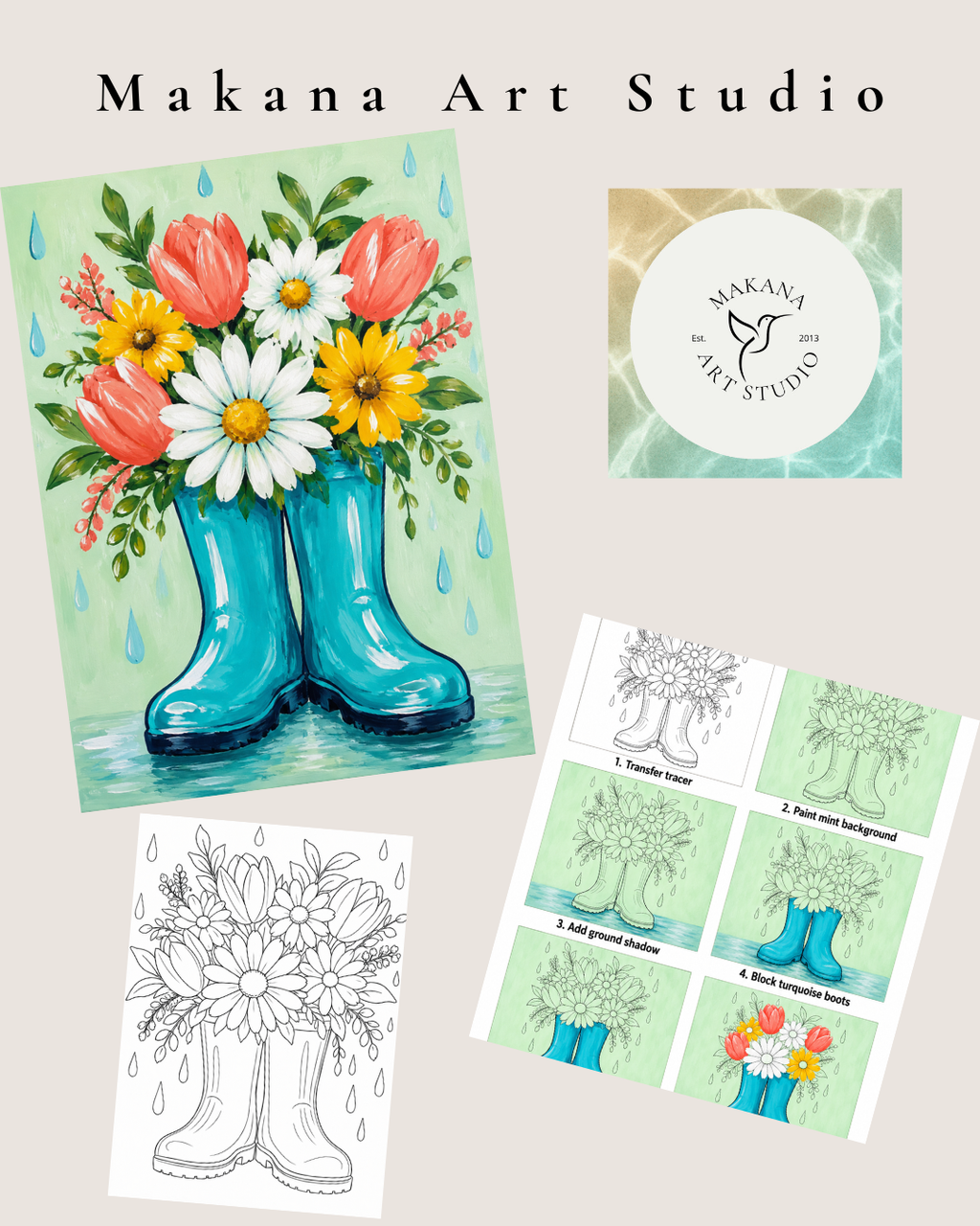 "Floral Rainboots" Paint & Sip Art Kit from Makana Art Studio