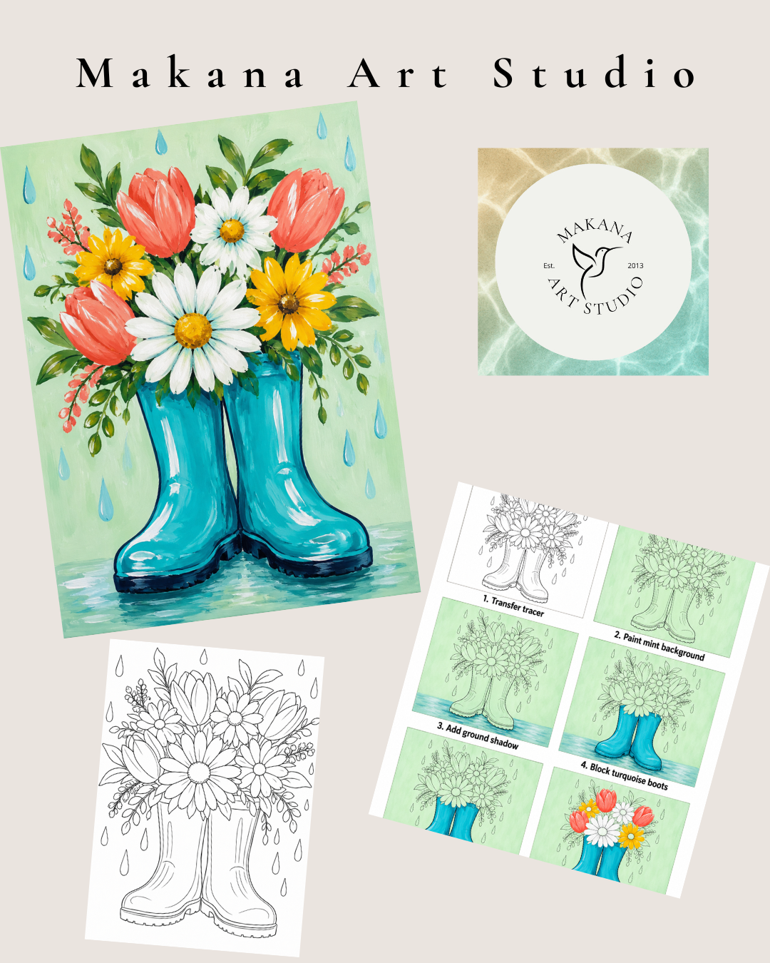 "Floral Rainboots" Paint & Sip Art Kit from Makana Art Studio