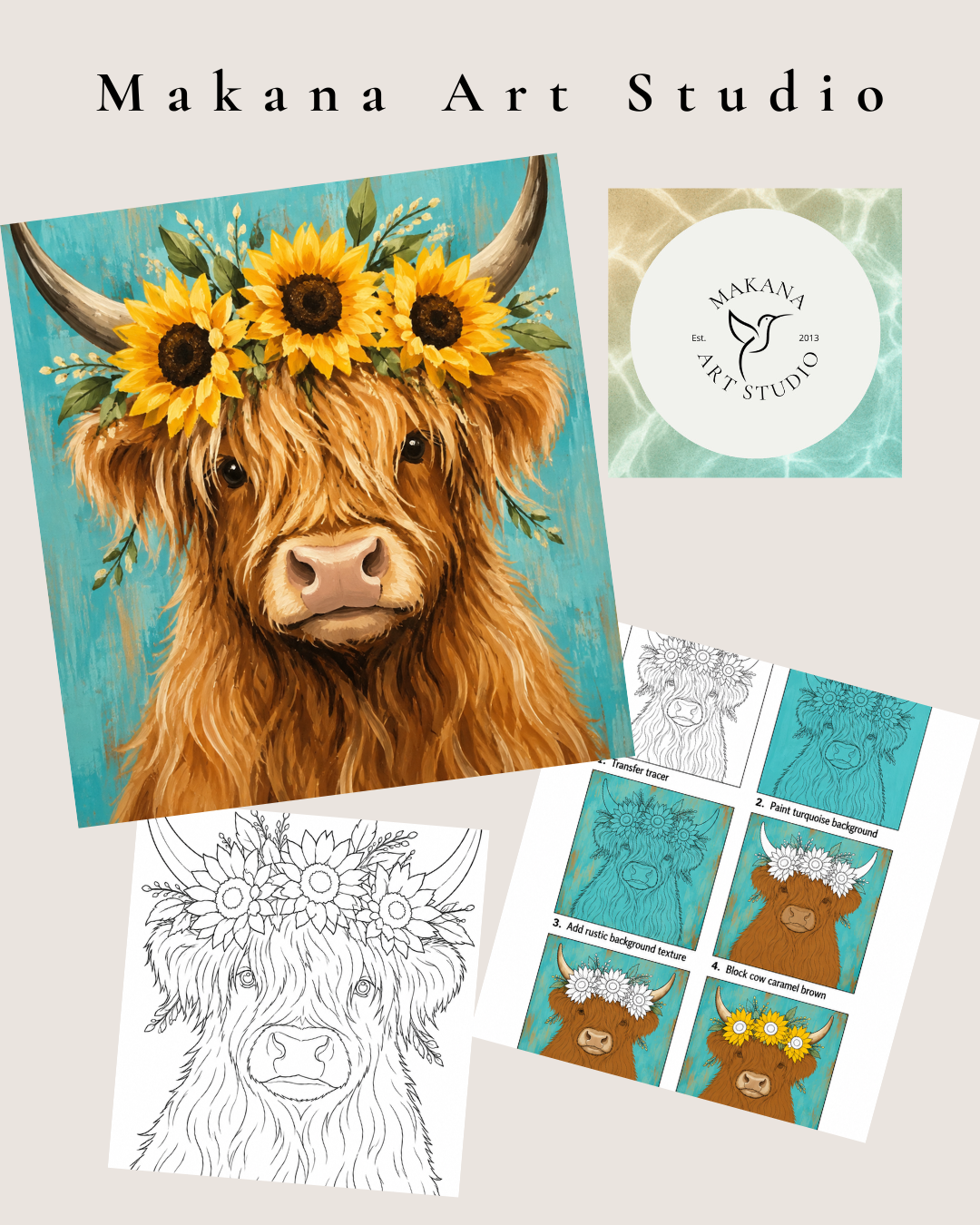 "Highland Cow with Sunflower" Paint & Sip Art Kit from Makana Art Studio