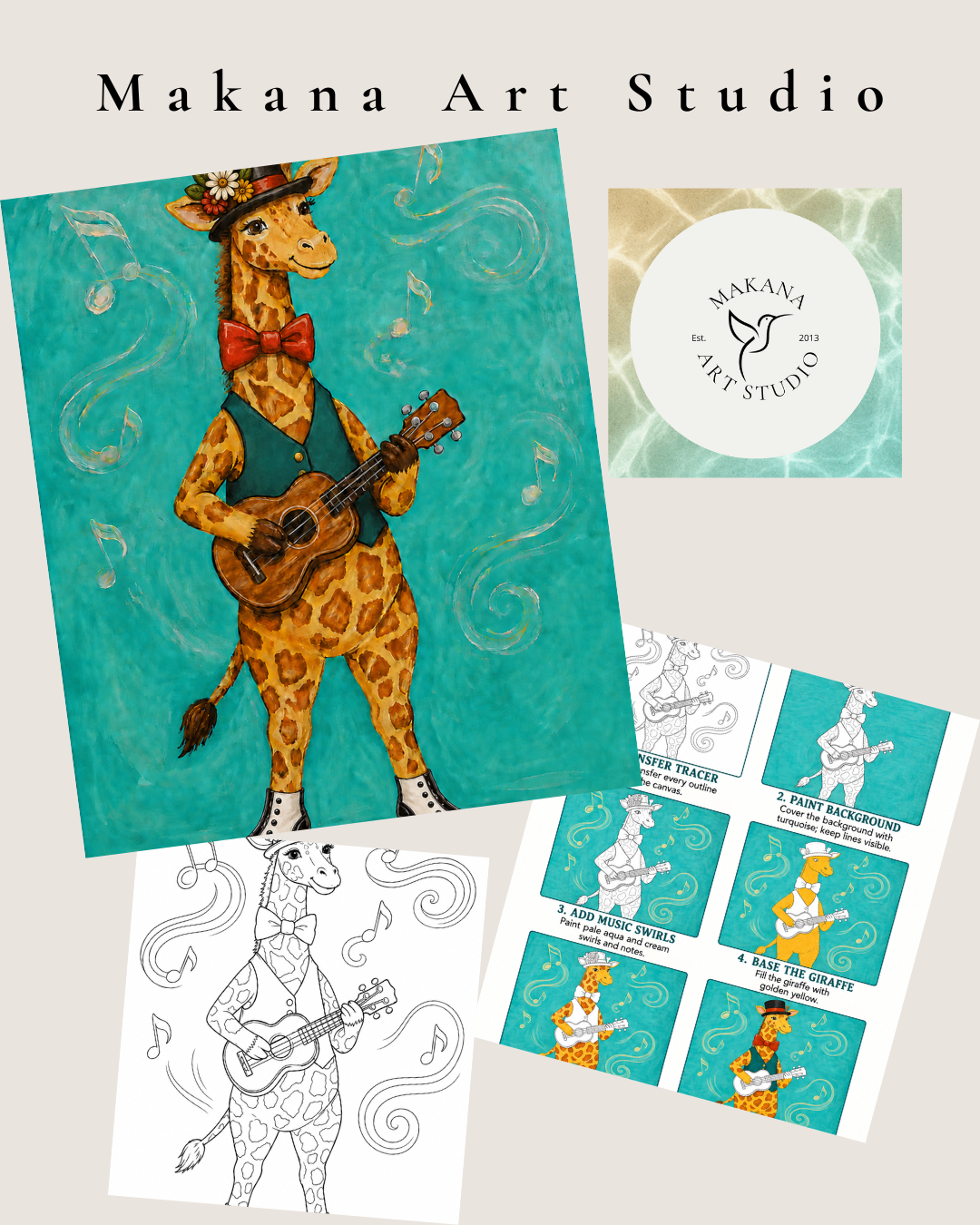 "Giraffe with Ukelele " Paint & Sip Art Kit from Makana Art Studio