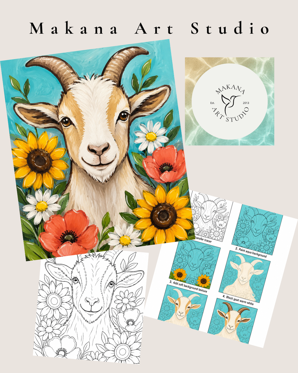 "Floral Goat" Paint & Sip Art Kit from Makana Art Studio
