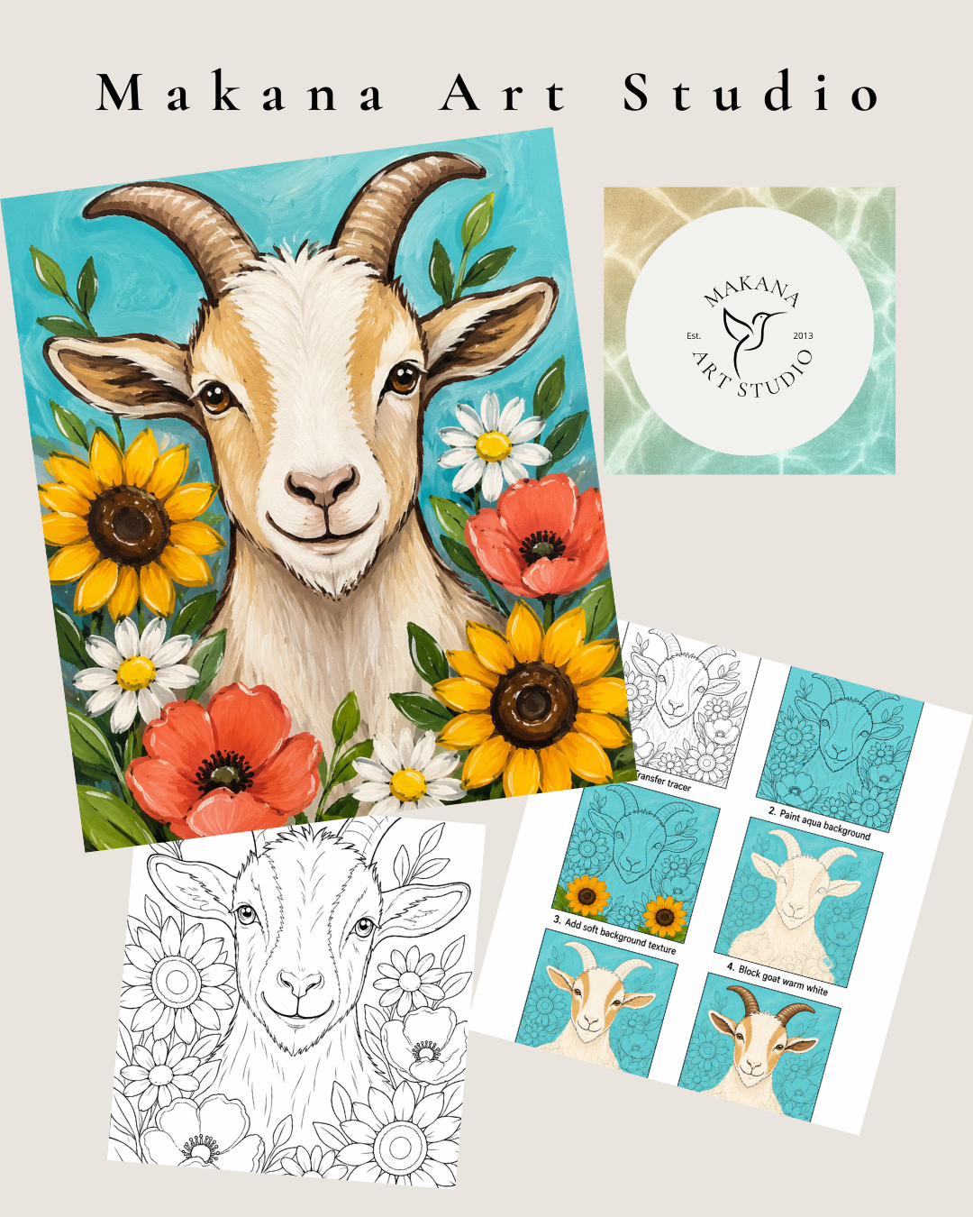 "Floral Goat" Paint & Sip Art Kit from Makana Art Studio