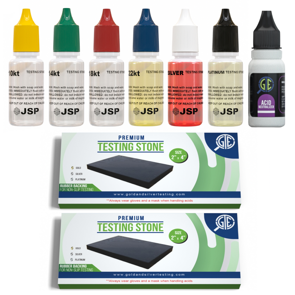 Gold, Silver, Platinum Testing Kit JSP Acids 10K-24K, Neutralizer & 2 Large GTE Testing Stones