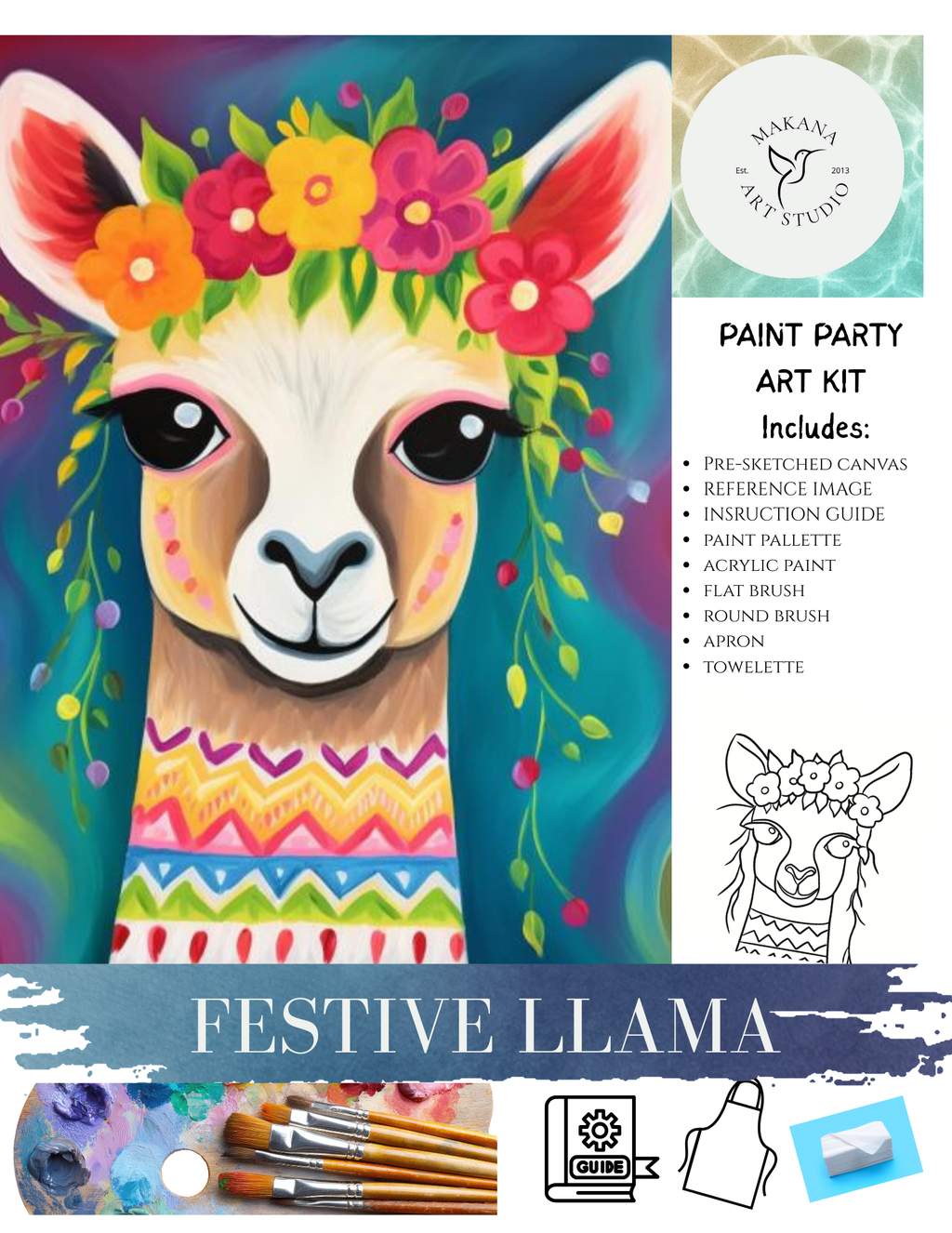 "Festive Llama" Paint & Sip Art Kit from Makana Art Studio
