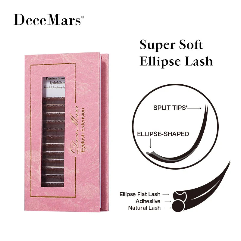 DeceMars Brown Matte Ellipse Flat Eyelash Extensions | Soft Tip Individual Lashes for Natural Volume