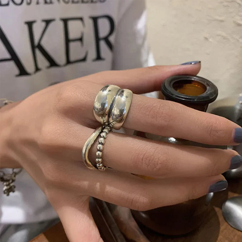 VENTFILLE 925 Silver New Thick Simple Wave Light-shaped Solid Double-layer Rings Trendy Couple Ring Female Gift