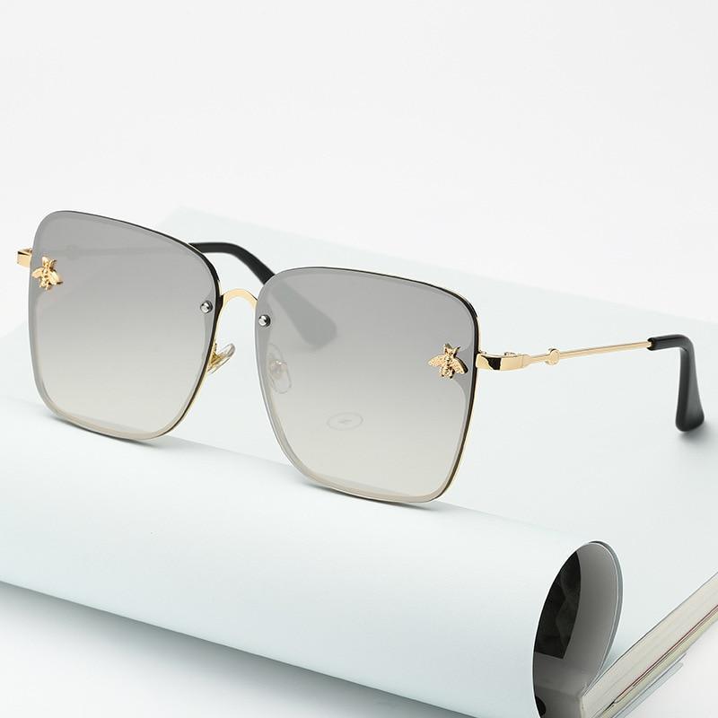 New Fashion Lady Oversize Rimless Square Bee Sunglasses For Women  With Small Bee Glasses Design Gradient Sunglasses With UV400