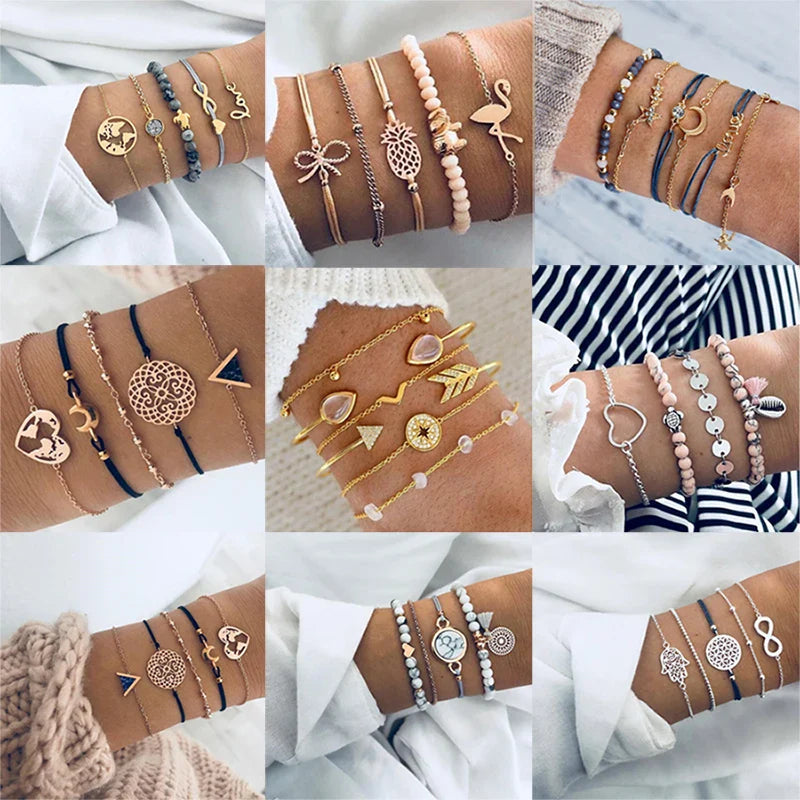 Boho Bangle For women Turtle Elephant Heart Shell Star Moon Bow Arrow Map Crystal Charm Bead Bracelet Set Bohemian Jewelry