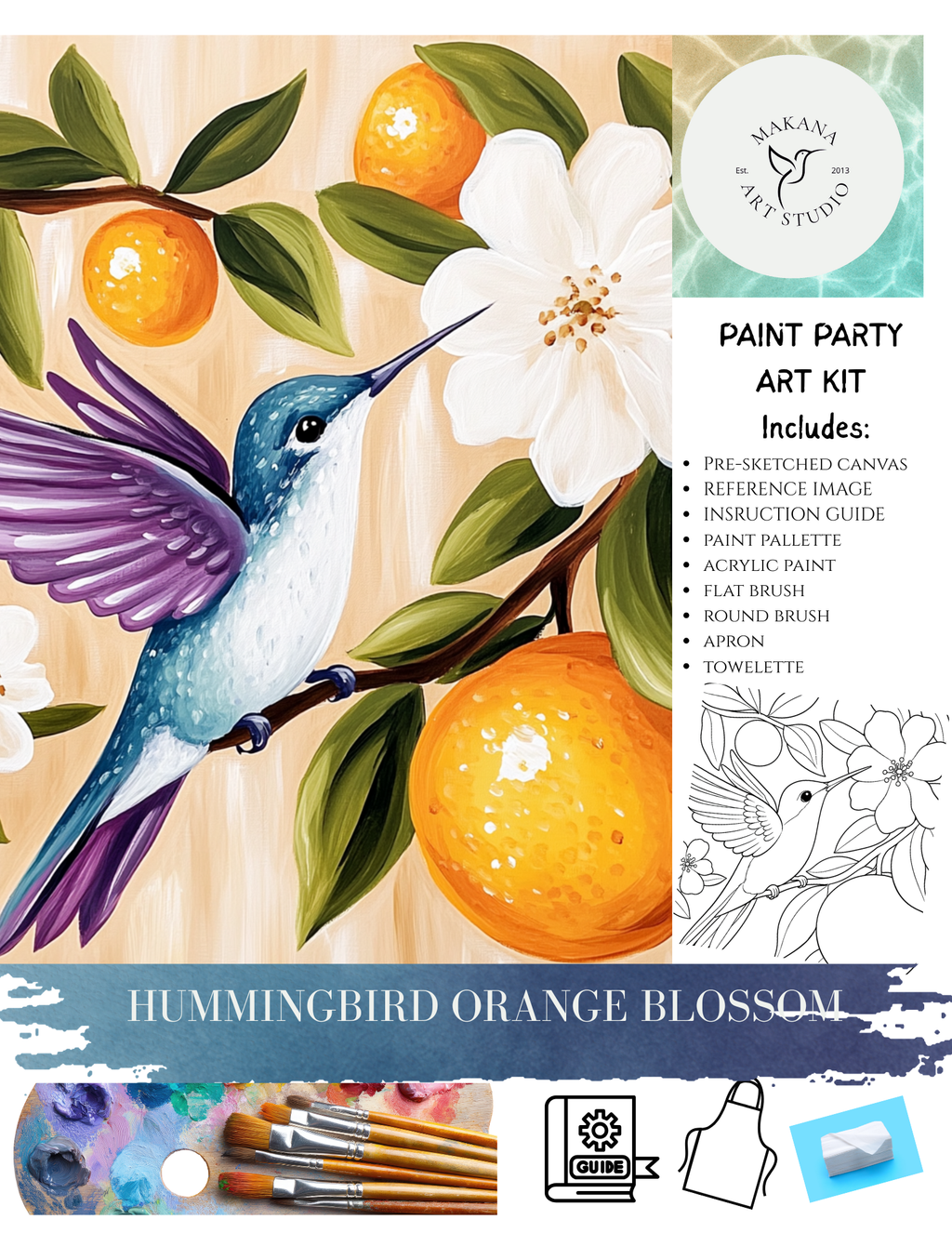 "Hummingbird Orange Blossom" Paint & Sip Art Kit from Makana Art Studio