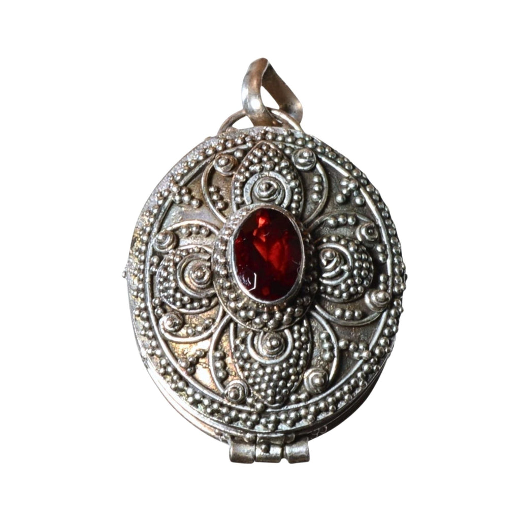 Sterling Silver Ornate Oval Locket Pendant - Red Glass Accent (.925)