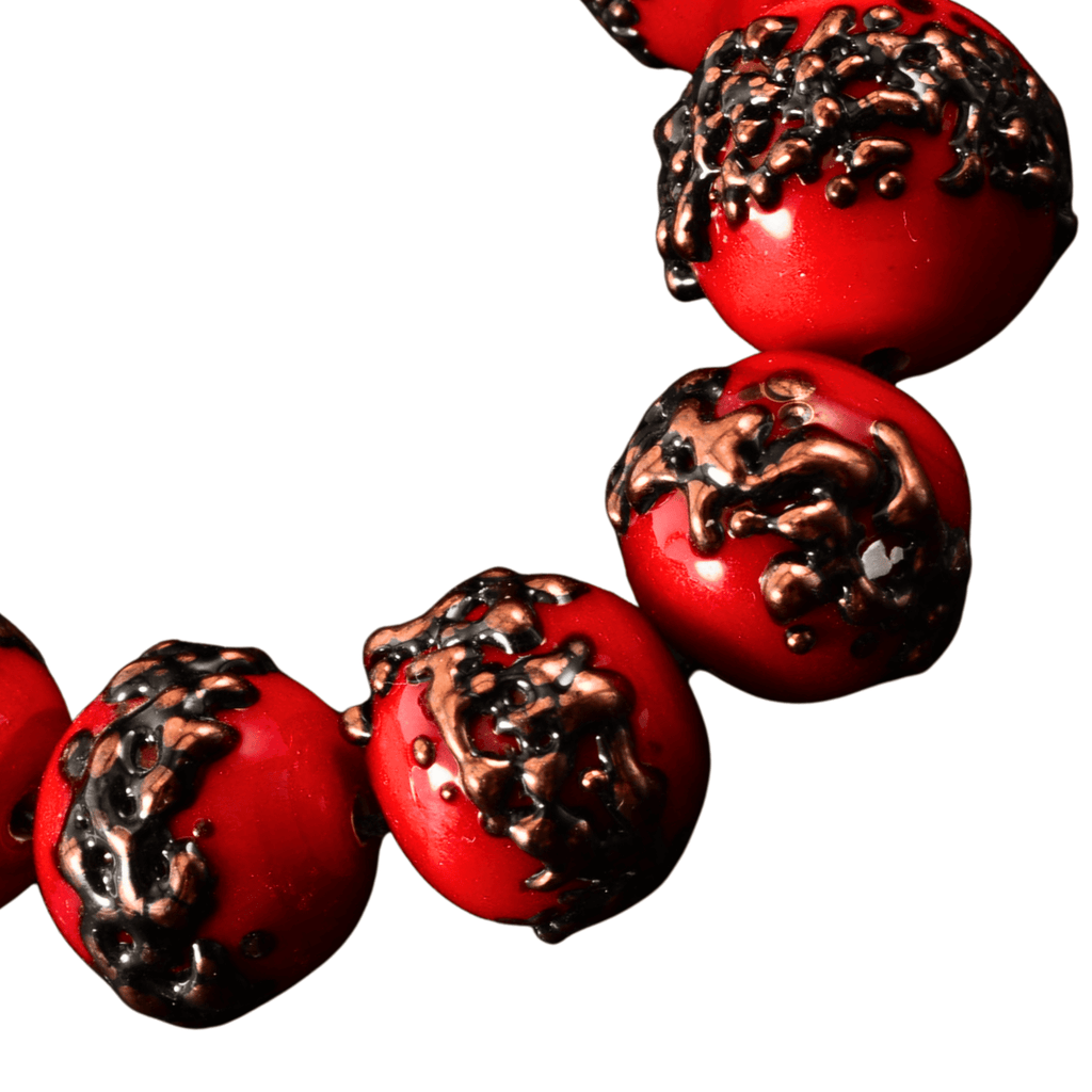 Handmade Lampwork Glass Bead Strand - Red Copper-Textured Rounds