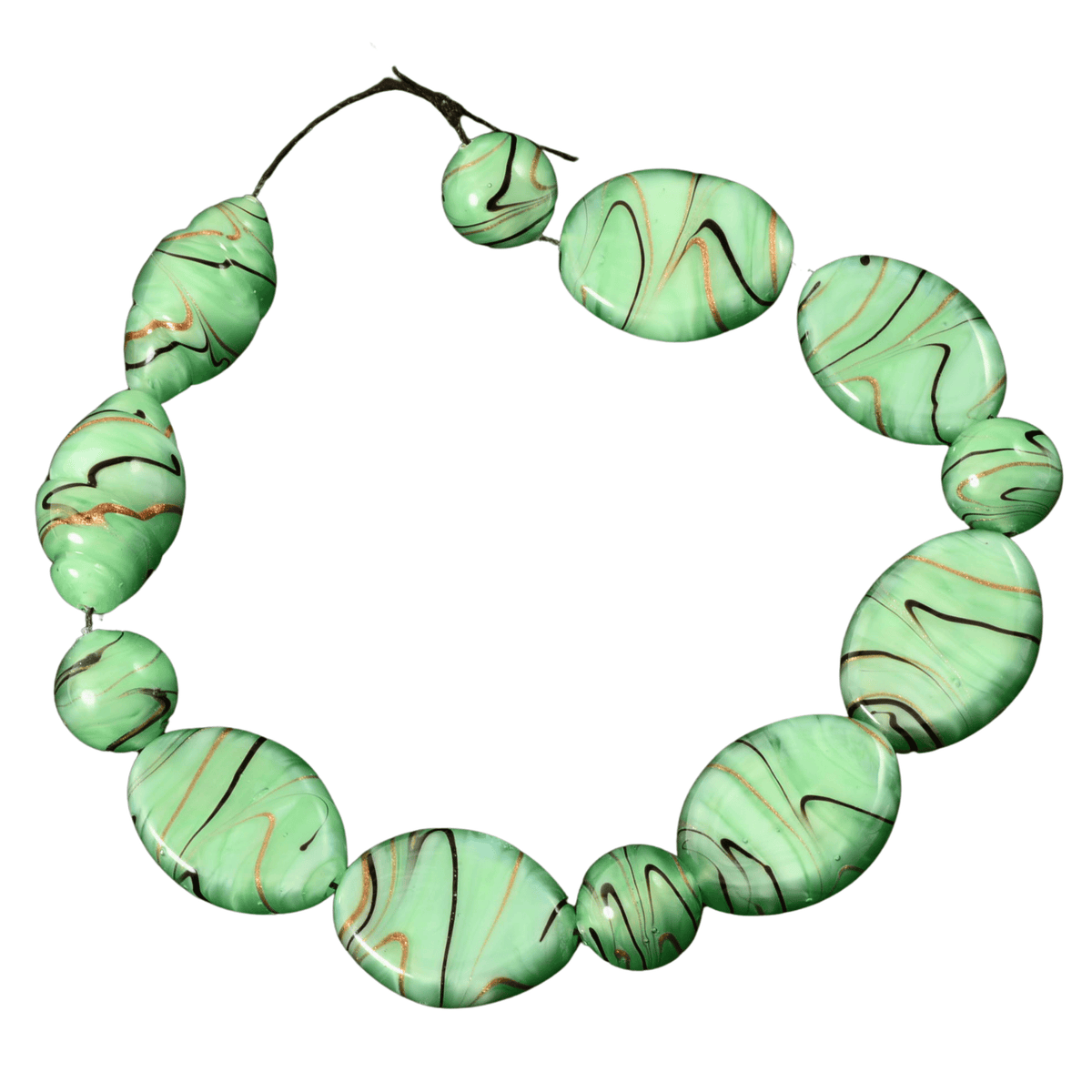 Large Handmade Lampwork Glass Bead Strand - Green Swirl Coin & Marquise Beads