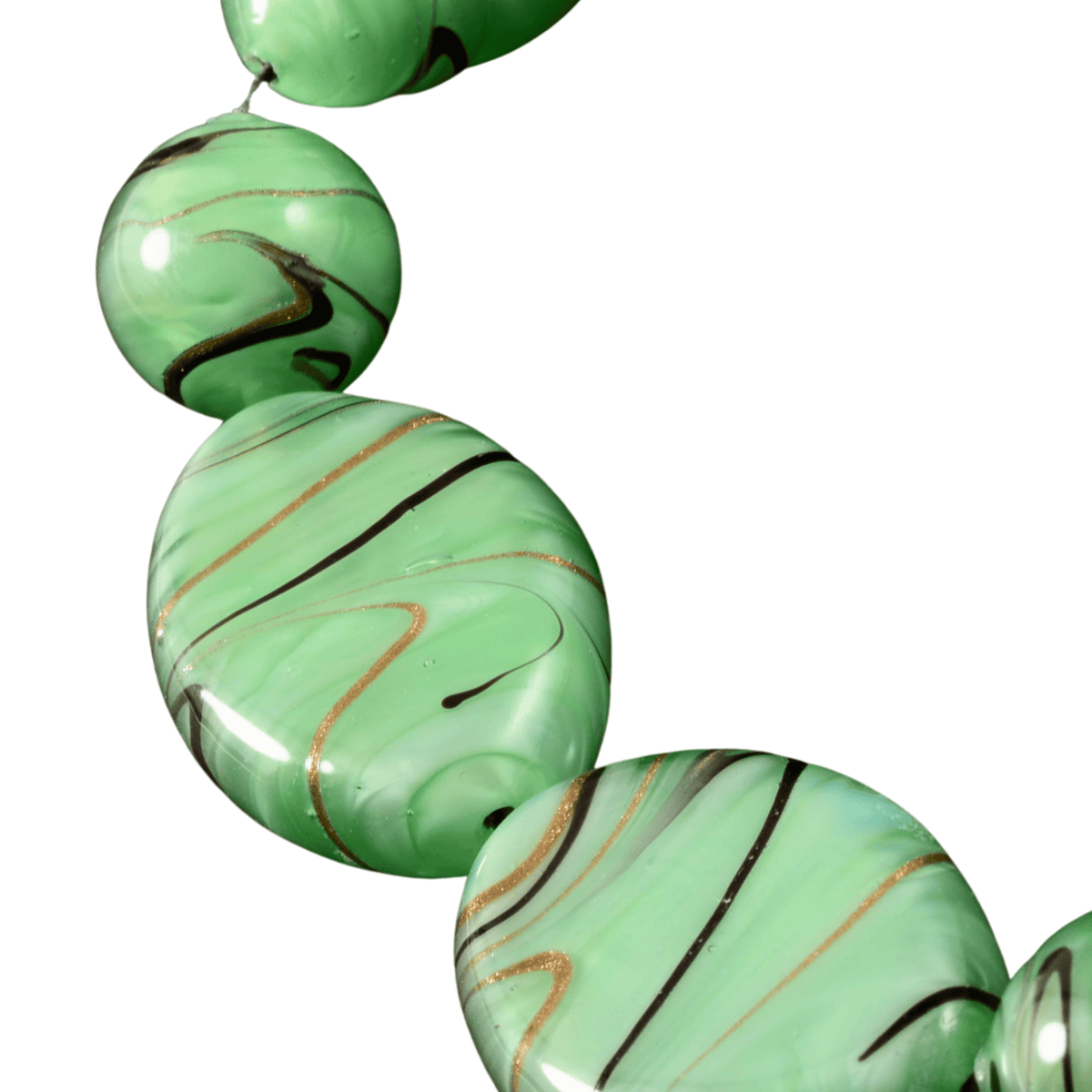 Large Handmade Lampwork Glass Bead Strand - Green Swirl Coin & Marquise Beads