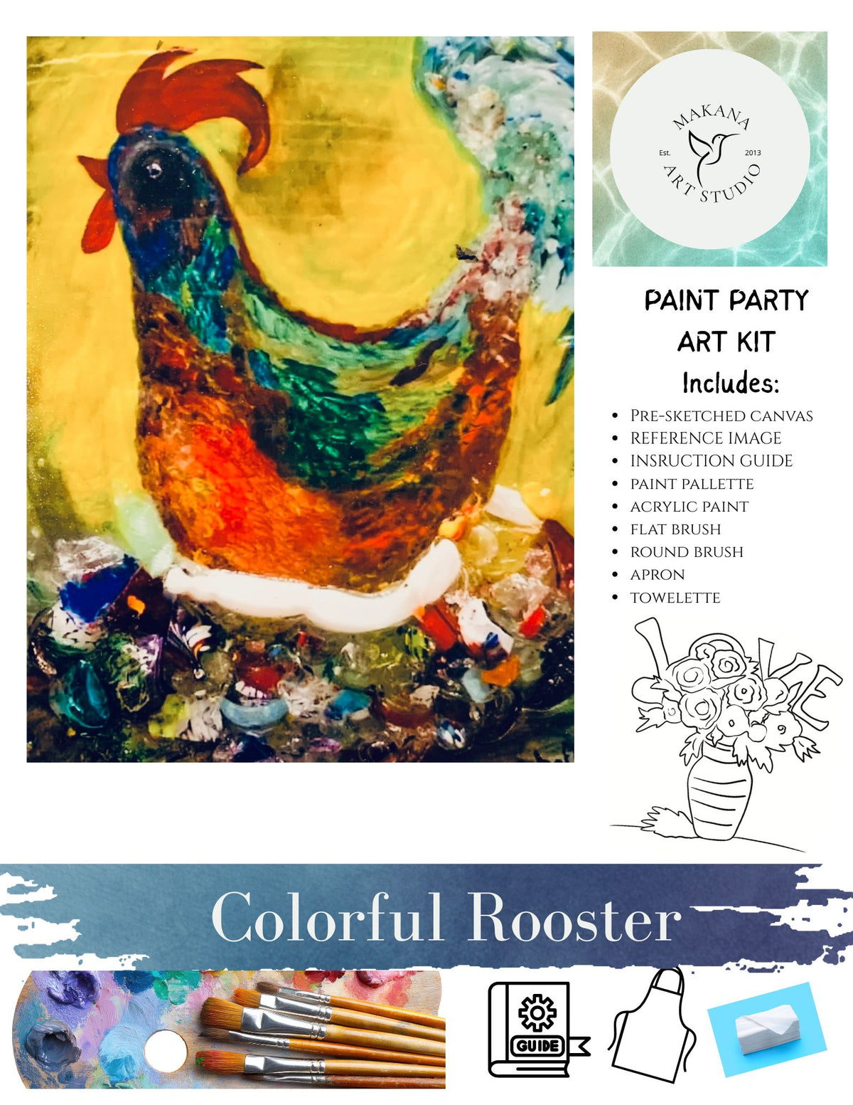 "Colorful Rooster" Paint & Sip Art Kit from Makana Art Studio