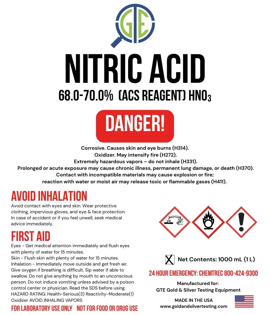 Aqua Regia Gold Refining Kit – 69.8–70% Nitric Acid & 31–37% Hydrochloric Acid (32oz/32oz) GTE