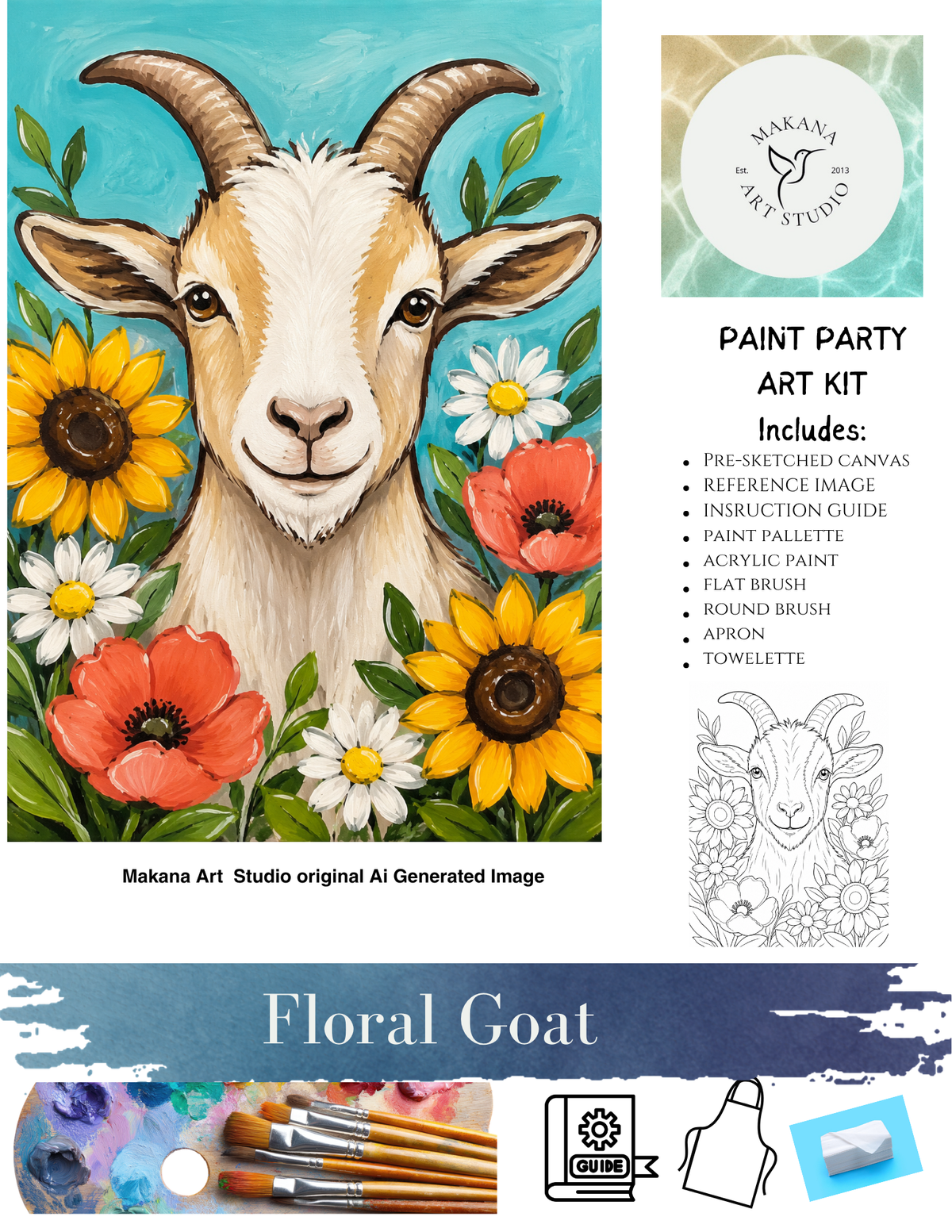 "Floral Goat" Paint & Sip Art Kit from Makana Art Studio