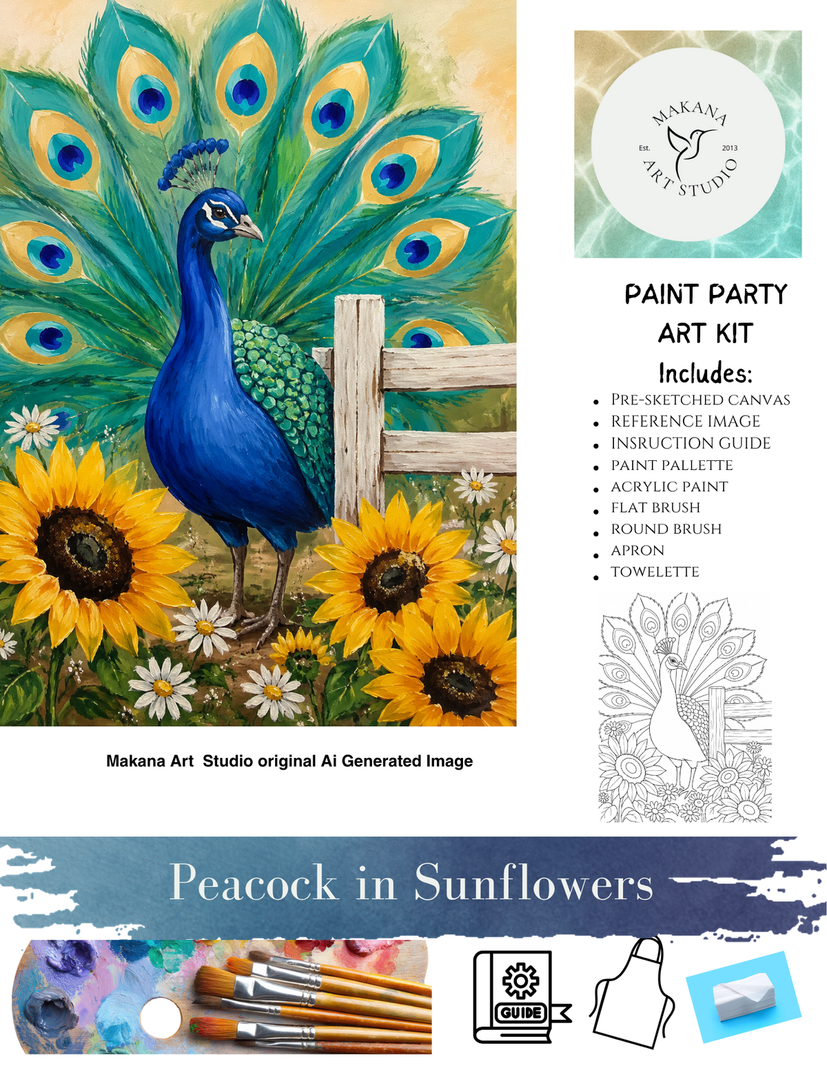 "Peacock in Sunflower" Paint & Sip Art Kit from Makana Art Studio