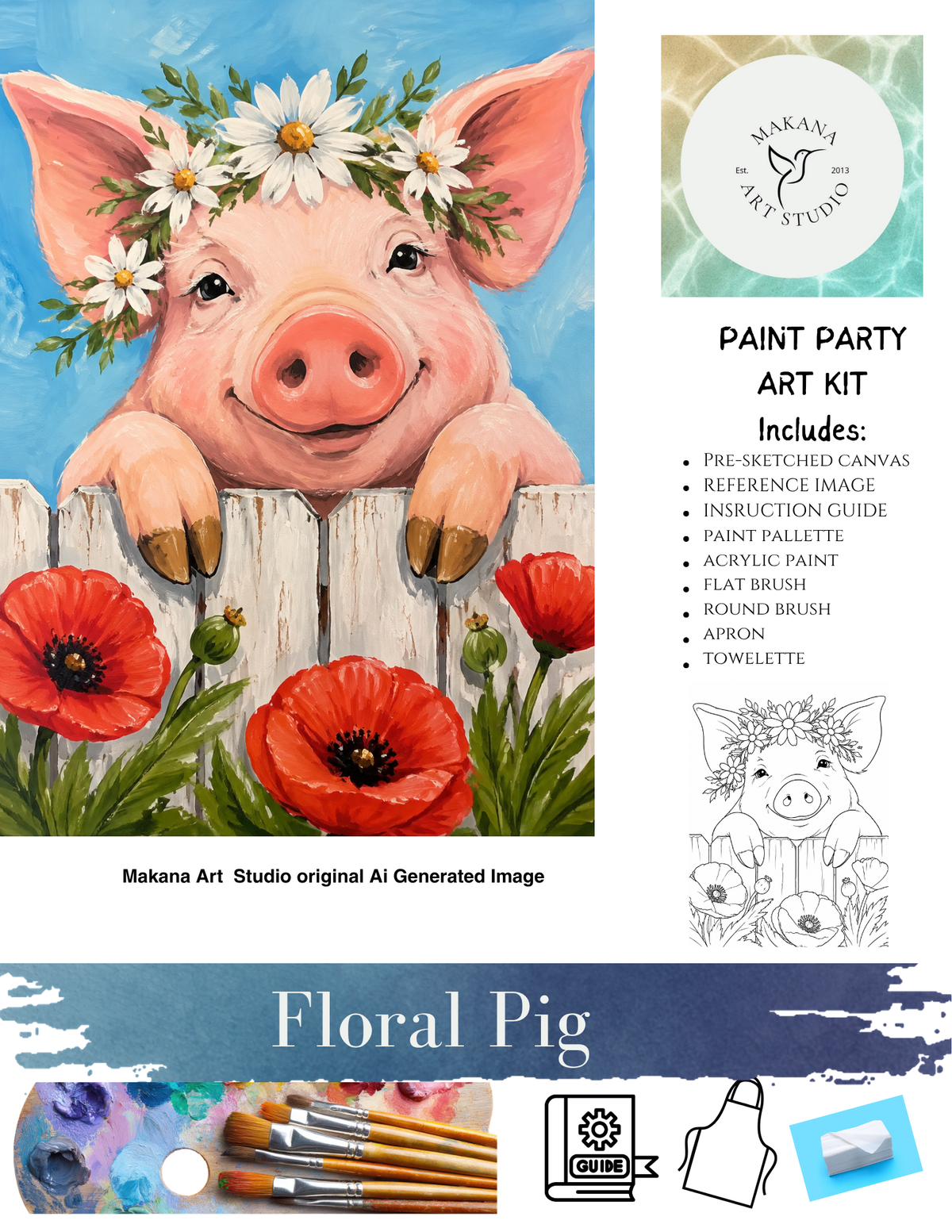 "Floral Pig" Paint & Sip Art Kit from Makana Art Studio