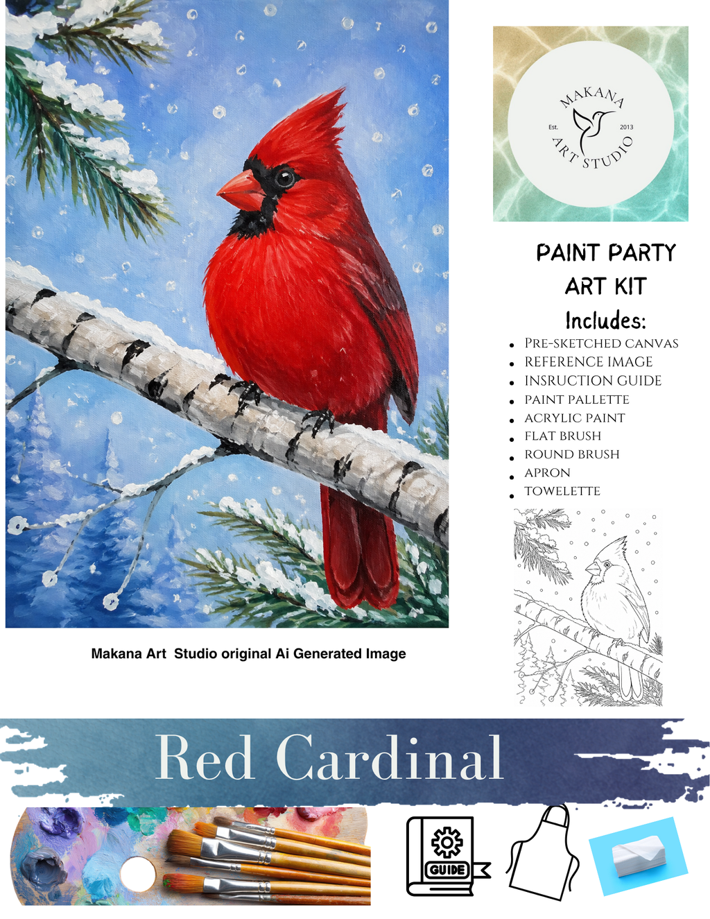"Red Cardinal in Snow" Paint & Sip Art Kit from Makana Art Studio