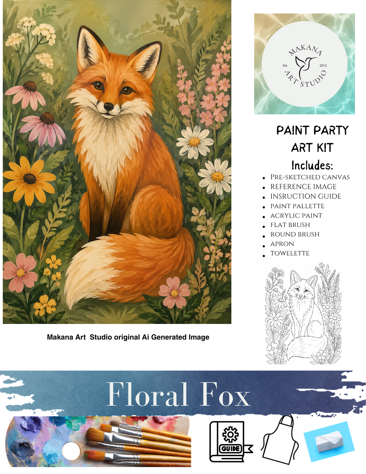 "Floral Fox" Paint & Sip Art Kit from Makana Art Studio