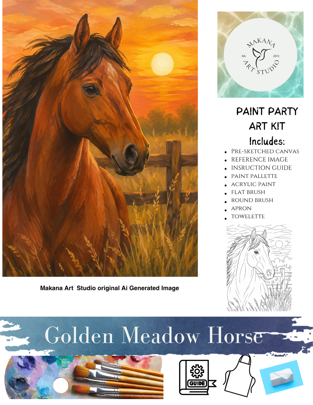 "Golden Meadow Horse" Paint & Sip Art Kit from Makana Art Studio