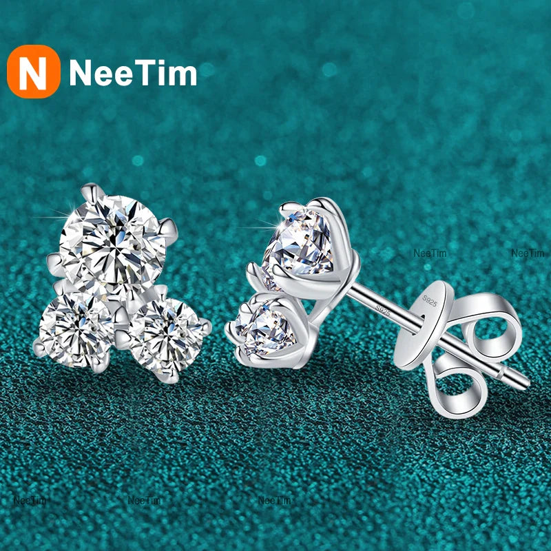 NeeTim All D VVS1 Moissanite Stud Earrings for Woman Wedding Jewely 925 Sterling Sliver with white Gold Plated Studs Earring