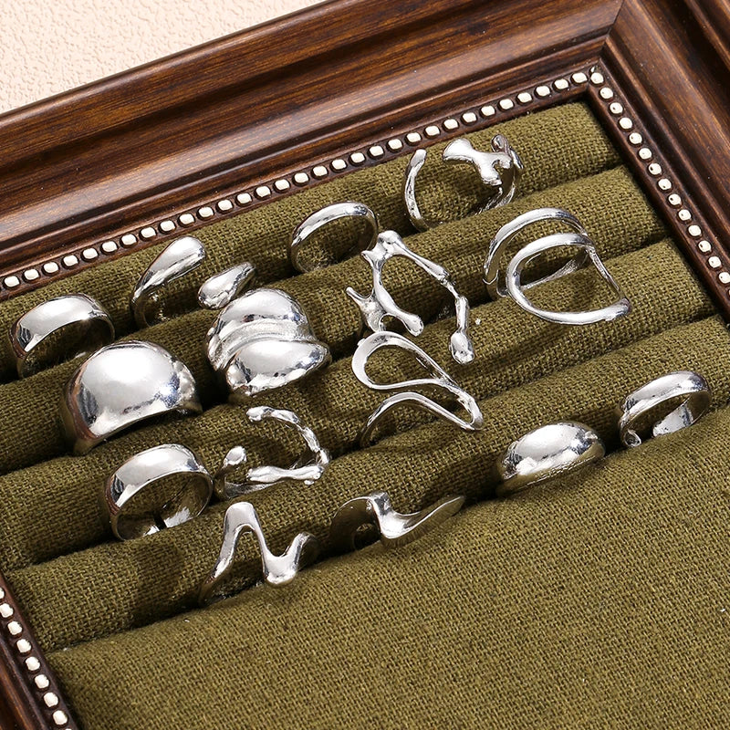 15Pcs Punk Smooth Geometric Open Rings Set For Women Exaggerated Irregular Silver Color Thick Chunky Ring Hip Hop Jewelry Gifts
