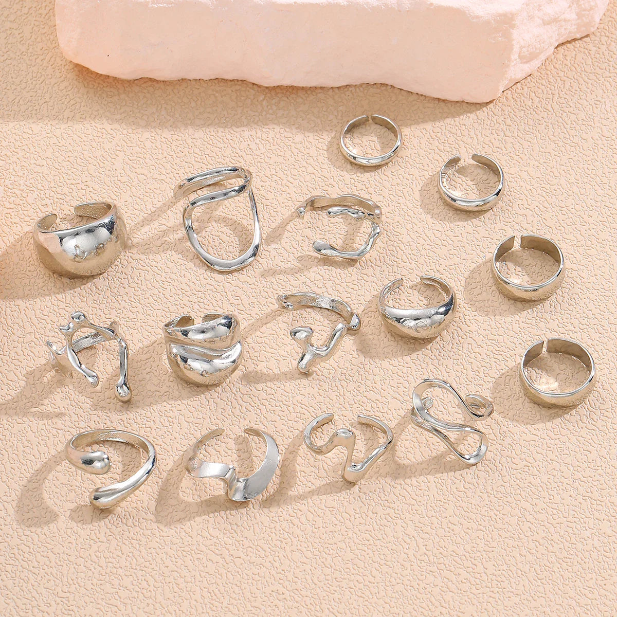 15Pcs Punk Smooth Geometric Open Rings Set For Women Exaggerated Irregular Silver Color Thick Chunky Ring Hip Hop Jewelry Gifts