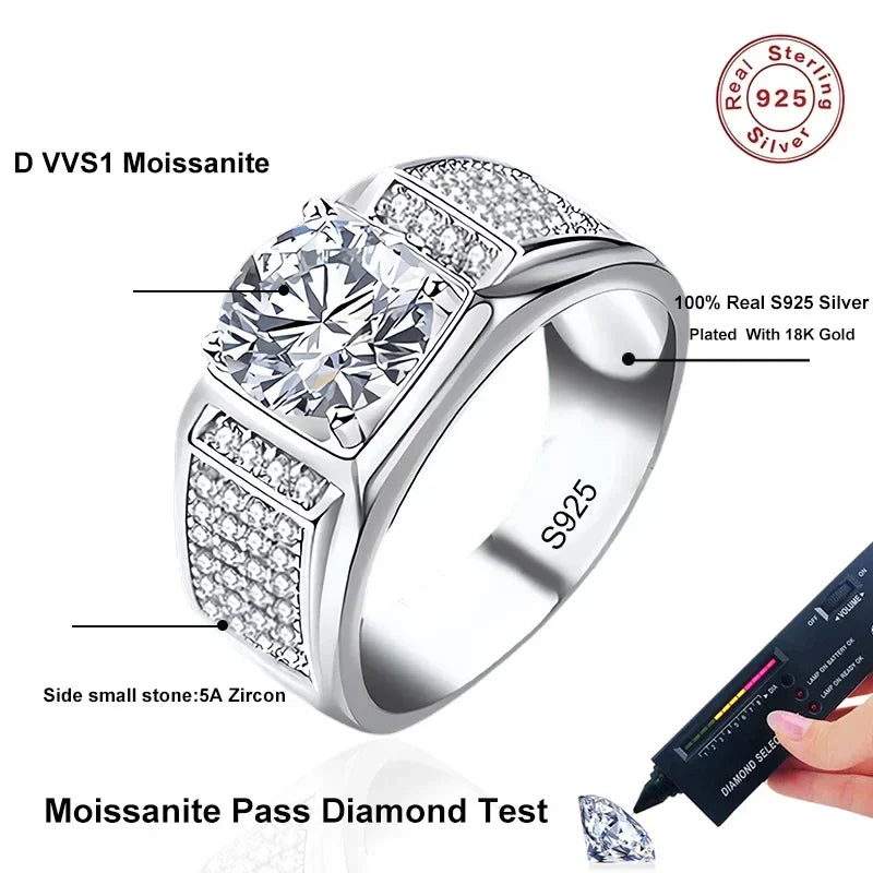 NeeTim 1ct D Color Moissanite Wedding Band Men Ring 925 Sterling Silver with Gold Plated Wedding Engagement Rings Gift For Man