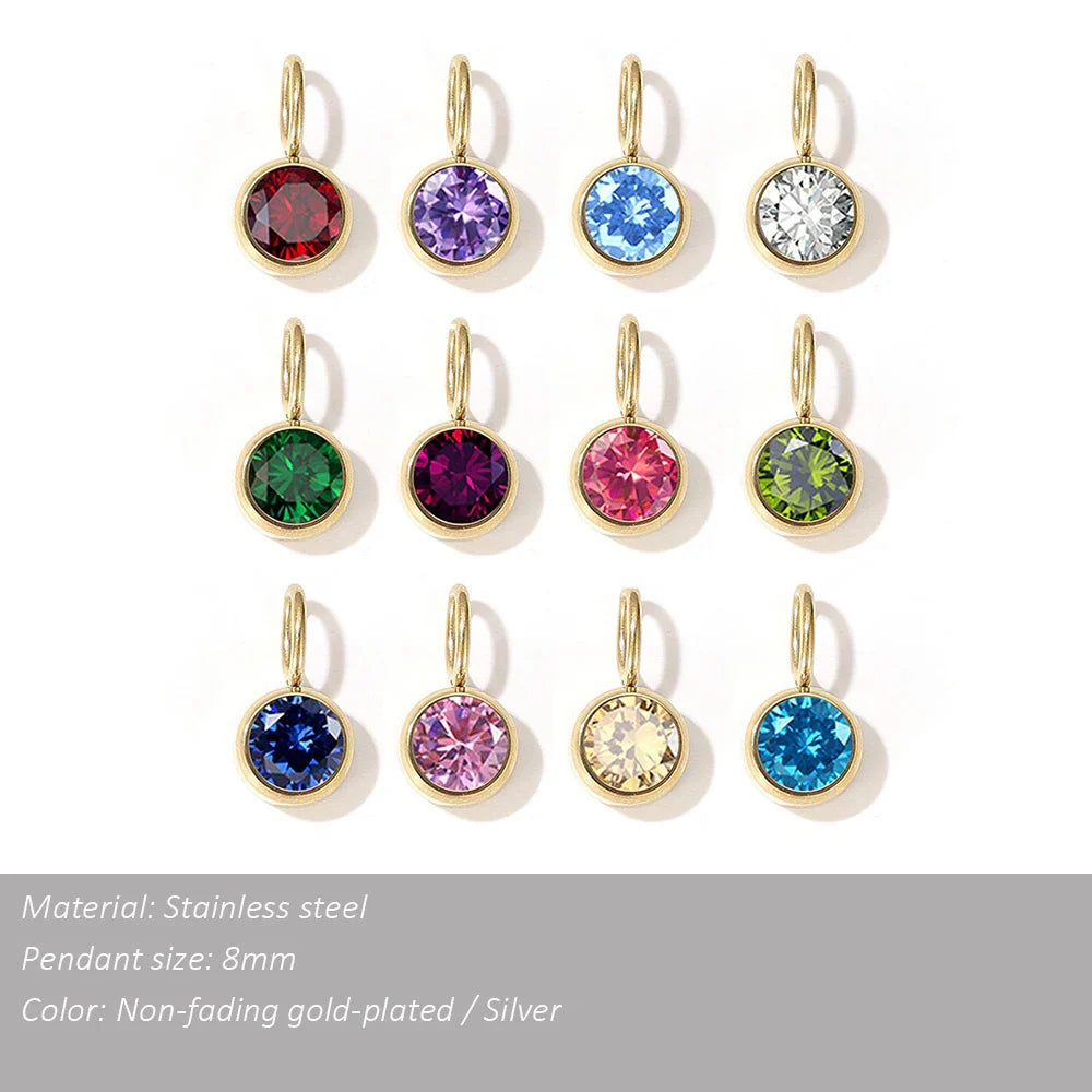Zirconia Birthstone Pendant 12 Months Color Stone DIY Accessories for Necklace Stainless Steel Jewelry Birthday Gift Wholesale