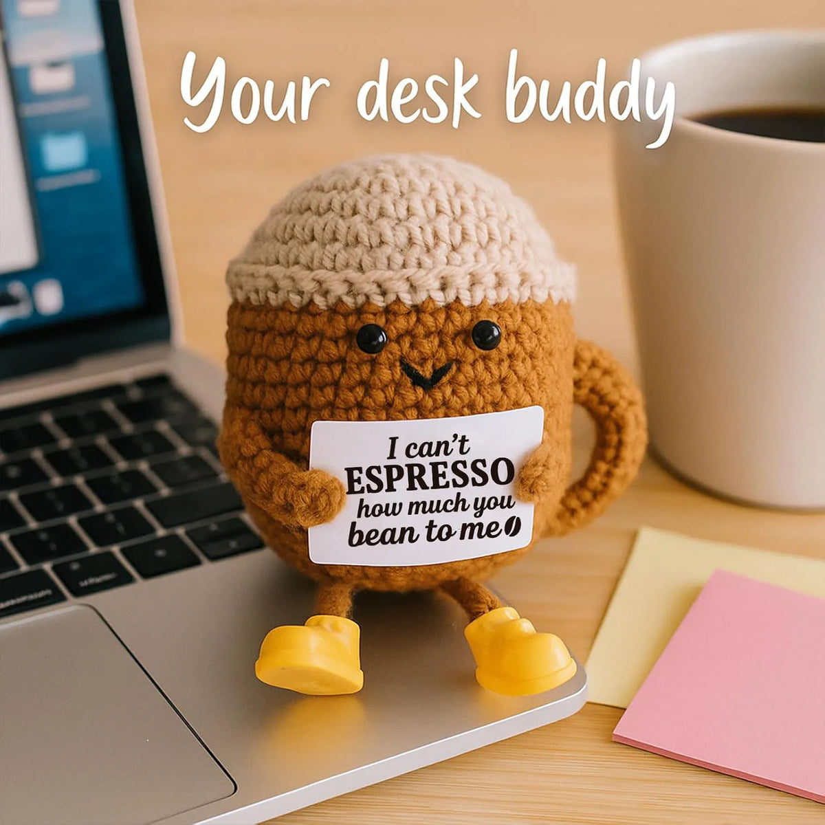 Funny Crochet Emotional Support Coffee Doll With Card Desktop Ornament Handmade Knitted Coffee Dolls Christmas Gifts Home Decor