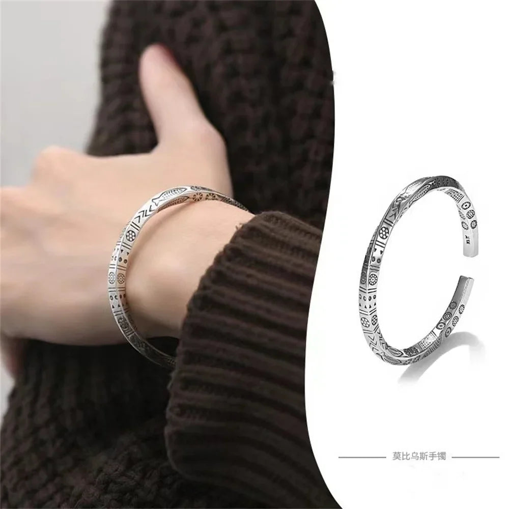ALIZERO 925 Sterling Silver Men Open Bracelet Bohemian Möbius Loop Bracelet For Women Totem Trendy Jewelry Accessories