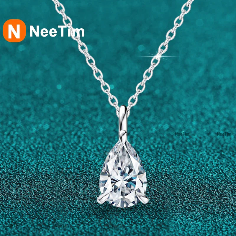 NeeTim Water Drop1ct 2ct Moissanite Pendant Necklace S925 Silver Pear Cut Lab Diamond Neckchain with Certificate for Women