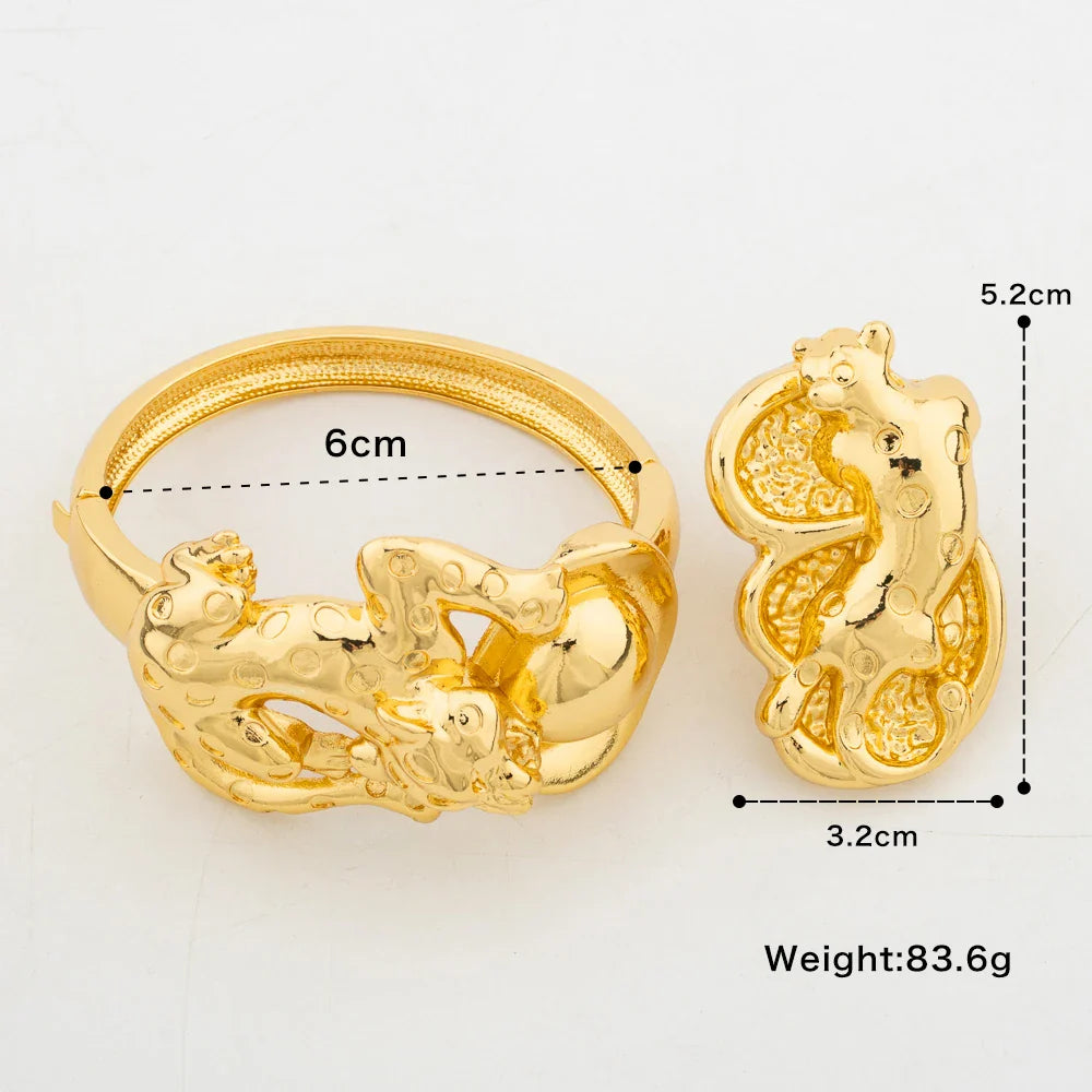 Gold Color Bangle with Ring Set Ladies Elegant Lovely Bow Design Hand Bracelet and Finger Ring Weddings Bride Bangle Jewelry Set