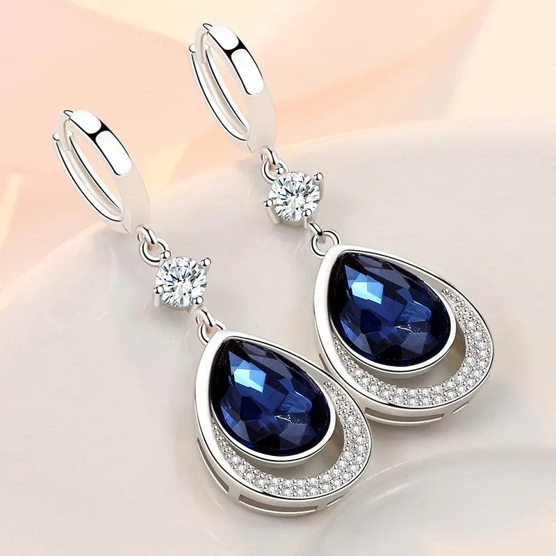925 Sterling Silver Jewelry Oval Gemstones Water Drop Shaped Earrings for Women Emerald Sapphire Zircon Engagement Ear Drops