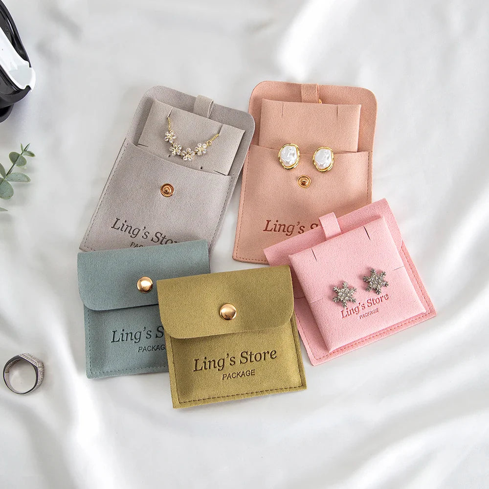 20/50/100Sets Personalized Logo Jewelry Microfiber Snap Bag 8x8cm Button Pouch Insert Luxury 6x6cm Cards Can Debossed Print Name