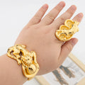 Gold Color Bangle with Ring Set Ladies Elegant Lovely Bow Design Hand Bracelet and Finger Ring Weddings Bride Bangle Jewelry Set