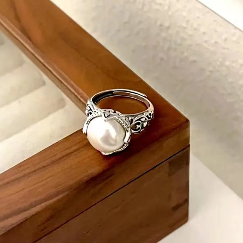 925 Sterling Silver Hollowed Pearl Adjustable Rings For Women Wedding Luxury Accessories  Dropshipping