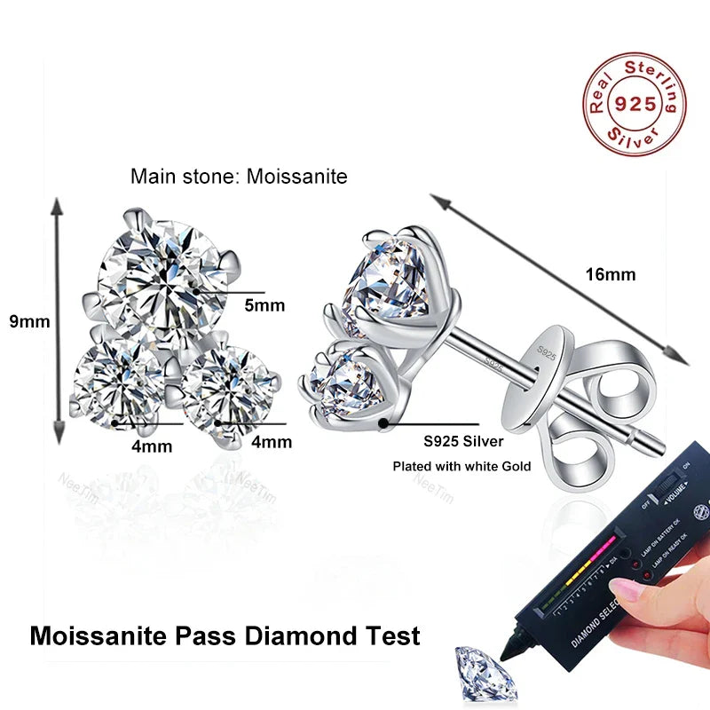 NeeTim All D VVS1 Moissanite Stud Earrings for Woman Wedding Jewely 925 Sterling Sliver with white Gold Plated Studs Earring