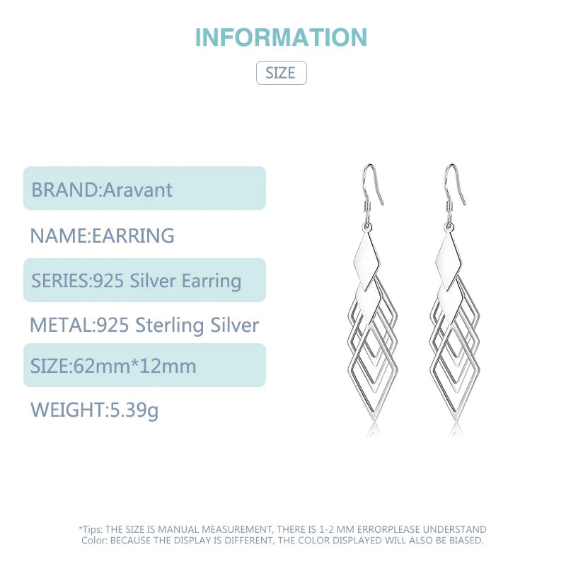 Aravant 925 Silver Hollow Geometric Long Drop Earrings For Women Fashion Jewelry