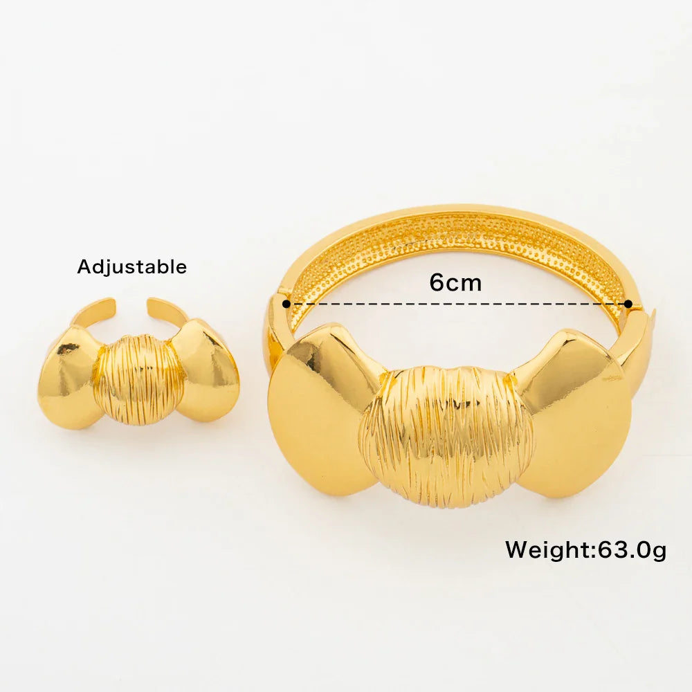 Gold Color Bangle with Ring Set Ladies Elegant Lovely Bow Design Hand Bracelet and Finger Ring Weddings Bride Bangle Jewelry Set