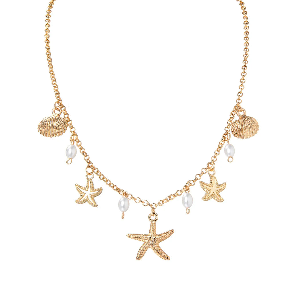 Holiday beach style starfish pendant shell imitation pearl tassel beach element alloy women's necklace
